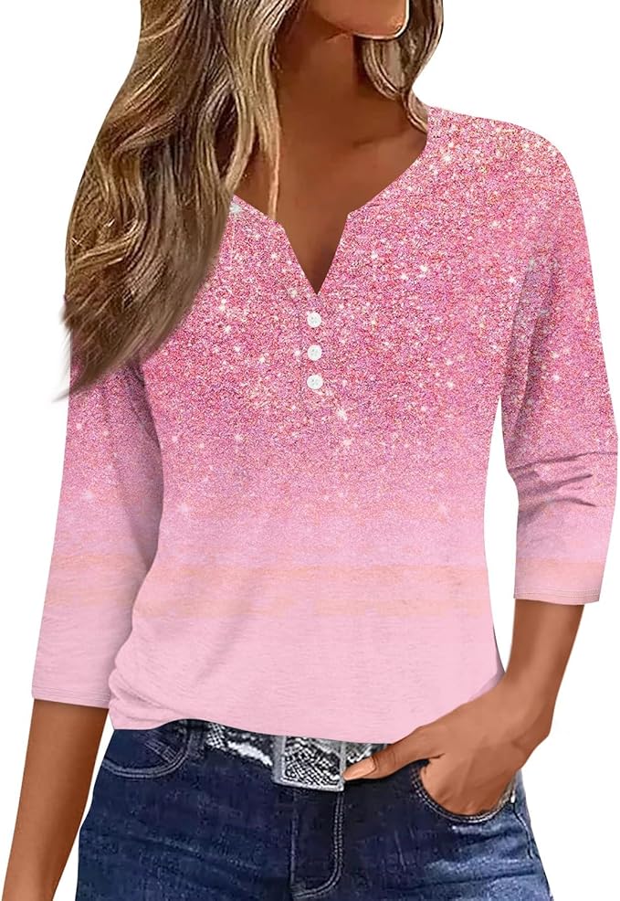 V Neck Button Down Summer Blouses, Casual Printed Tunic T-Shirts & Graphic Tees